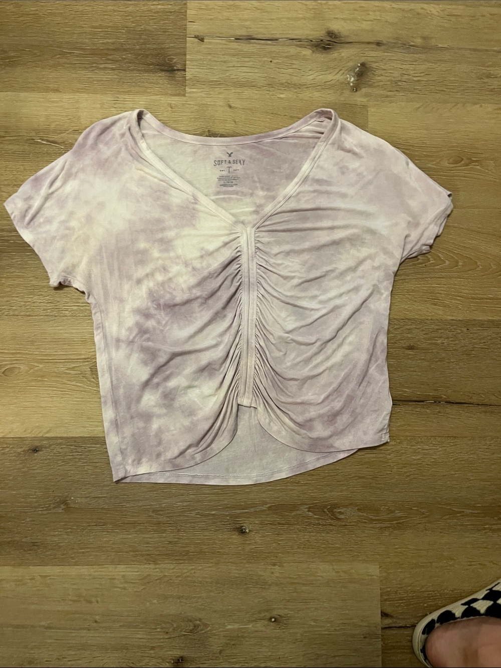 American Eagle Outfitters Lilac Tie-Dye Ruched V-Neck Crop Top